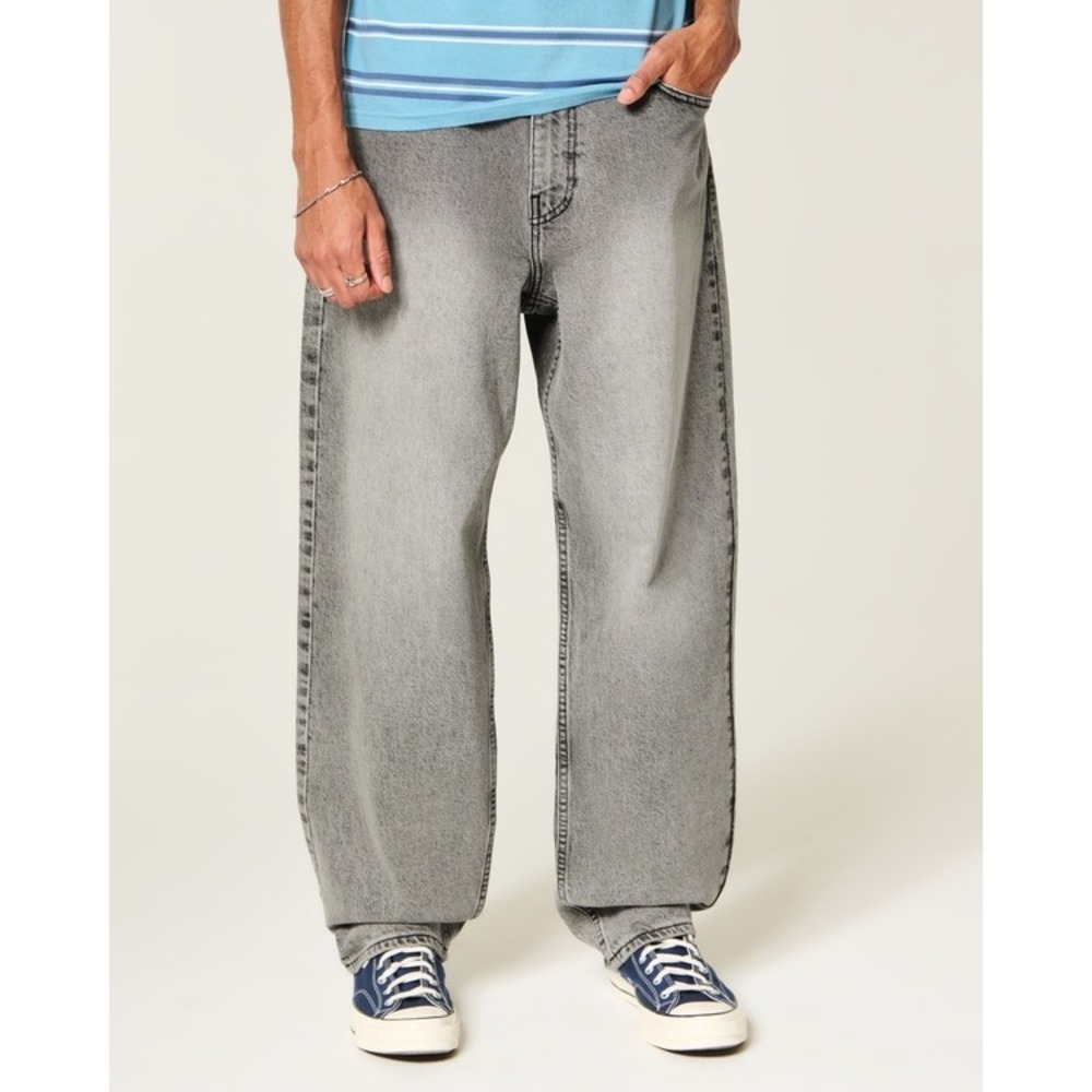 Hollister Baggy Wide Fit Stretch Denim Jeans Grey Washed Mens W30 L32 Streetwear